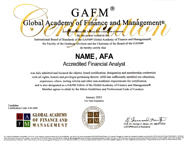 注册金融分析师（AFA）证书样本